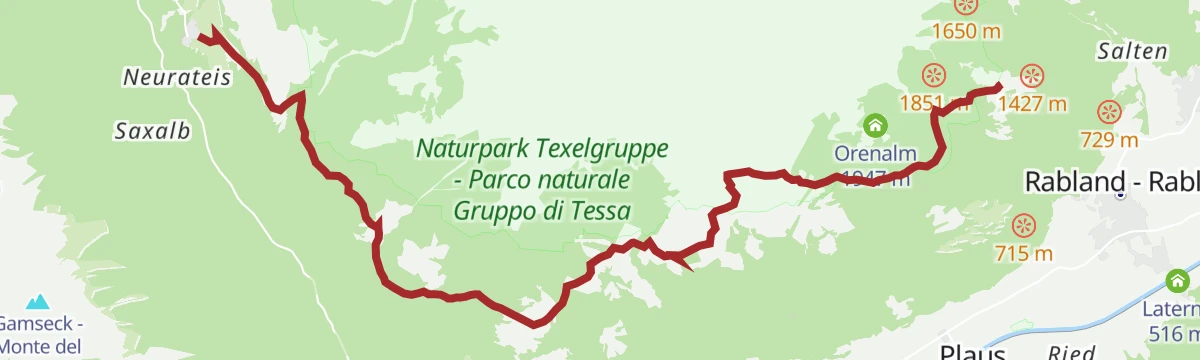 Route map: Alta Via di Merano 2a tappa: Dalla stazione a monte della funivia Texelbahn attraverso la “Valle dei Mille Gradini” fino a Monte Santa Caterina/Val Senales